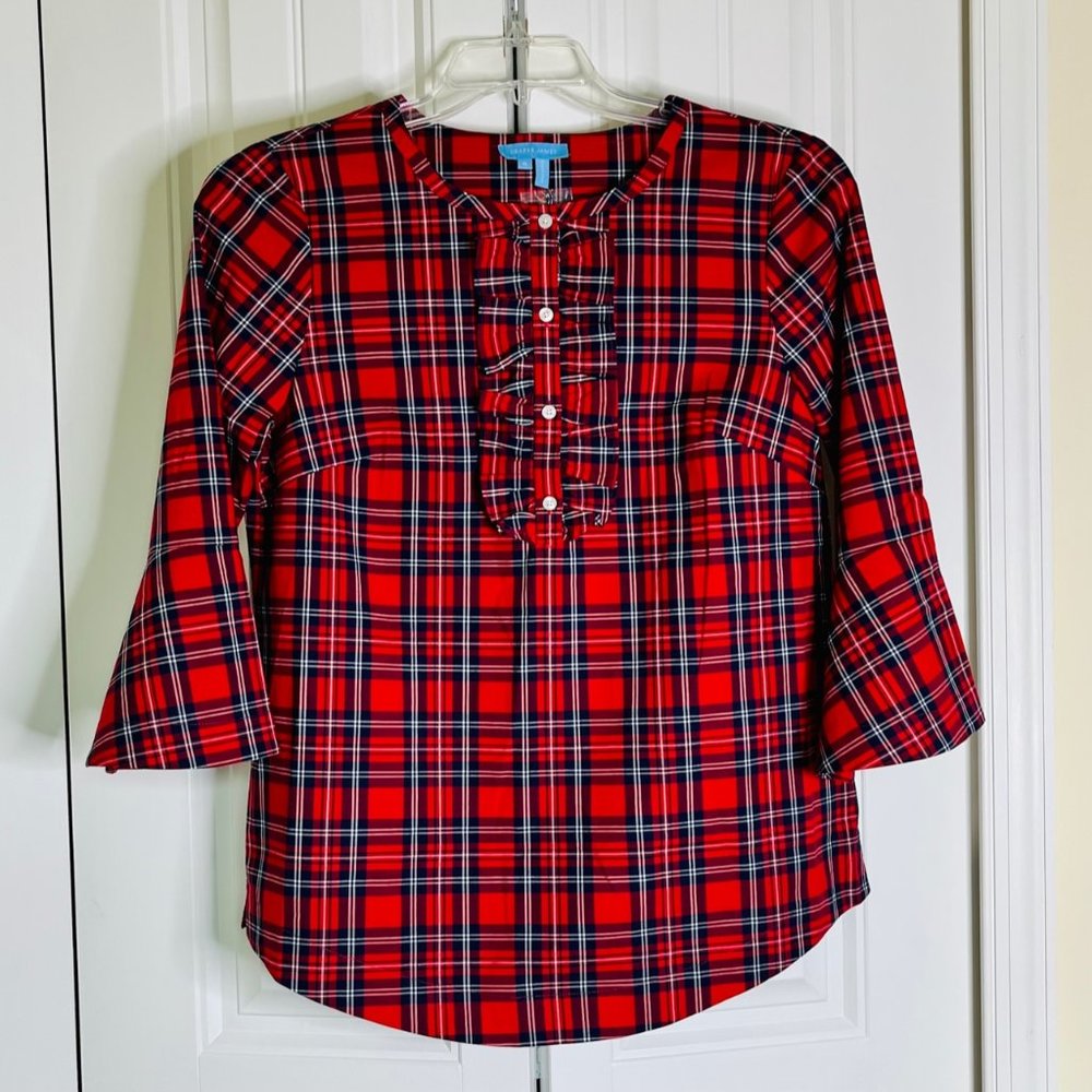 Draper James Red Plaid Button-Down Ruffle Front Top - Picture 3 of 7